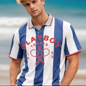 Playboy Tennis men’s size M sporty, retro-inspired striped polo shirt. NWT